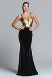 Vestido largo formal de terciopelo con tirantes finos de sirena dorada y negra