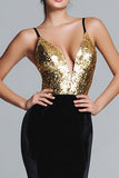 Vestido largo formal de terciopelo con tirantes finos de sirena dorada y negra