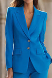 Trajes de mujer azules de 2 piezas con solapa de pico de botonadura simple