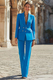Trajes de mujer cruzados con solapa de pico azul de 2 piezas de corte ajustado