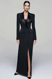 Vestido Blazer de Doble Botonadura con Solapa de Pico Negro para Mujer con Abertura