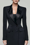 Vestido Blazer de Doble Botonadura con Solapa de Pico Negro para Mujer con Abertura