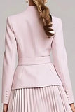 Vestido de trabajo plisado de 2 piezas con cinturón de línea A rosa claro