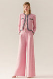 Trajes de manga larga de tweed rosa de 2 piezas para mujer