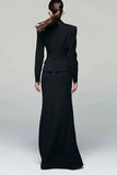 Vestido de trabajo negro de 2 piezas con solapa de pico y abertura