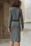 Vestido de trabajo de 2 piezas de tweed gris con botonadura simple