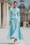 Vestido de trabajo plisado con solapa con muescas de 2 piezas en línea A azul claro