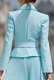 Vestido de trabajo plisado con solapa con muescas de 2 piezas en línea A azul claro