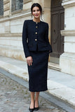 Vestido de trabajo midi de manga larga de 2 piezas de tweed negro