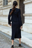 Vestido de trabajo midi de manga larga de 2 piezas de tweed negro