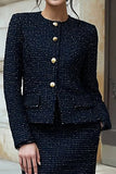 Vestido de trabajo midi de manga larga de 2 piezas de tweed negro