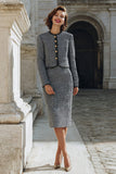Vestido de trabajo midi de un solo pecho con lápiz de tweed de 2 piezas Grey Mix