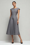 Vestido de trabajo largo con mangas cortas de línea A gris simple