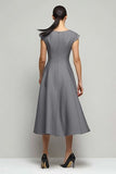Vestido de trabajo largo con mangas cortas de línea A gris simple