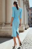 Vestido de trabajo midi plisado de media manga ajustado azul claro