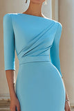Vestido de trabajo midi plisado de media manga ajustado azul claro