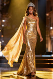 Vestido largo de sirena de un hombro con lentejuelas doradas brillantes