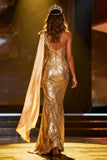 Vestido largo de sirena de un hombro con lentejuelas doradas brillantes