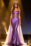 Vestido largo de concurso de sirena de dos piezas con lentejuelas moradas brillantes