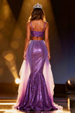 Vestido largo de concurso de sirena de dos piezas con lentejuelas moradas brillantes