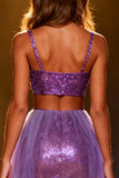 Vestido largo de concurso de sirena de dos piezas con lentejuelas moradas brillantes