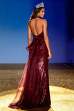 Vestido largo de gala halter de sirena en color burdeos brillante con lazo
