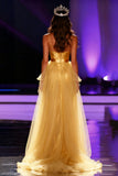Vestido largo de concurso de tirantes de espagueti de sirena de satén amarillo