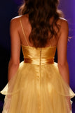Vestido largo de concurso de tirantes de espagueti de sirena de satén amarillo