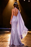 Vestido largo de gala de lentejuelas de sirena morado claro con capa