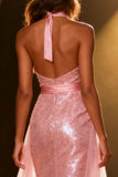 Vestido largo de gala halter de sirena rosa claro brillante con fajín