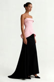 Vestido largo formal sin tirantes negro y rosa