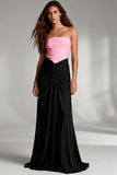 Vestido largo formal sin tirantes con tirantes y tubo fruncido negro y rosa