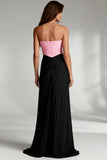 Vestido largo formal sin tirantes con tirantes y tubo fruncido negro y rosa