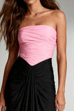 Vestido largo formal sin tirantes con tirantes y tubo fruncido negro y rosa