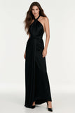 Vestido largo formal halter de satén negro con fajín