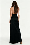 Vestido largo formal halter de satén negro con fajín