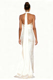 Vestido largo formal halter de sirena de satén blanco brillante