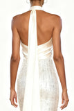 Vestido largo formal halter de sirena de satén blanco brillante