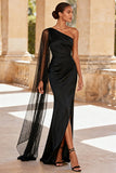 Vestido Formal Largo de Sirena Negra de Un Hombro con Abertura