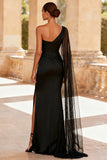Vestido Formal Largo de Sirena Negra de Un Hombro con Abertura