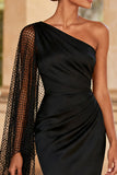 Vestido Formal Largo de Sirena Negra de Un Hombro con Abertura