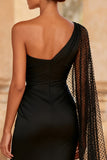 Vestido Formal Largo de Sirena Negra de Un Hombro con Abertura