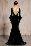 Vestido de noche largo de sirena de terciopelo con cuello en V y manga