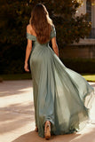 Vestido Formal Plisado de Línea A de Chifón de Un Hombro Dusty Sage
