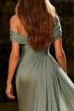Vestido Formal Plisado de Línea A de Chifón de Un Hombro Dusty Sage