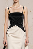 Vestido largo formal de satén A Line con tirantes finos en blanco y negro