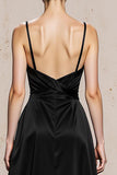 Vestido largo formal de satén A Line con tirantes finos en blanco y negro