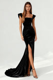 Vestido Formal Largo de Sirena con Cuello Cuadrado y Brillante con Abertura