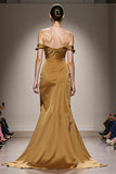 Vestido Formal Largo de Satén Sirena Amarillo con Hombros Descubiertos