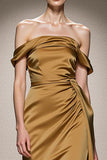 Vestido Formal Largo de Satén Sirena Amarillo con Hombros Descubiertos